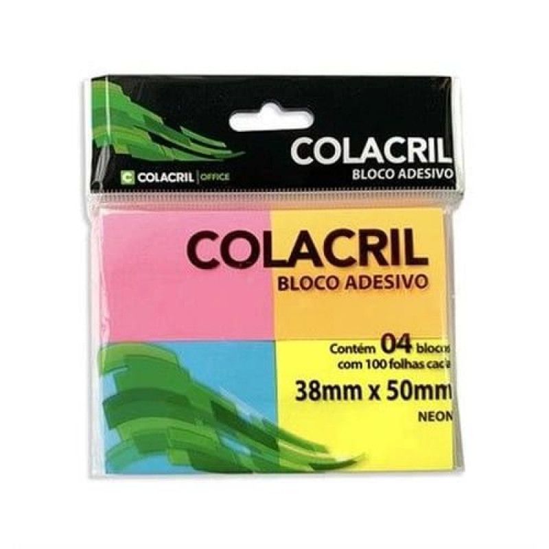 BLOCO ADESIVO ANOTACOES 38X50MM 100 FOLHAS 4 CORES NEON - 1 UNIDADE