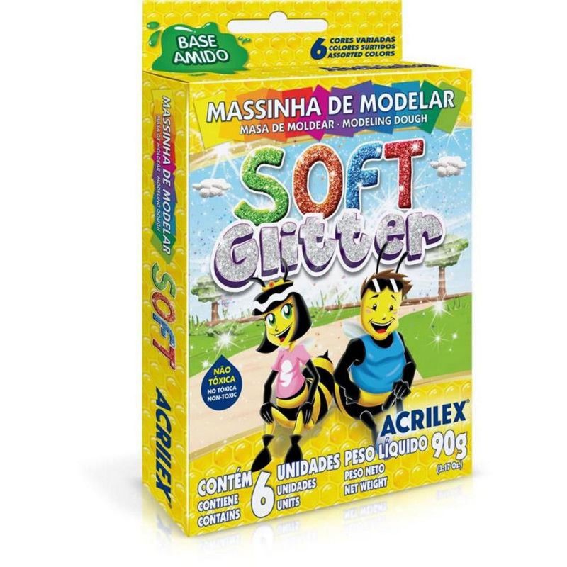 MASSA MODELAR 6 CORES SOFT GLITTER ACRILEX - REF. 7360 - CAIXA COM 6 UNIDADES