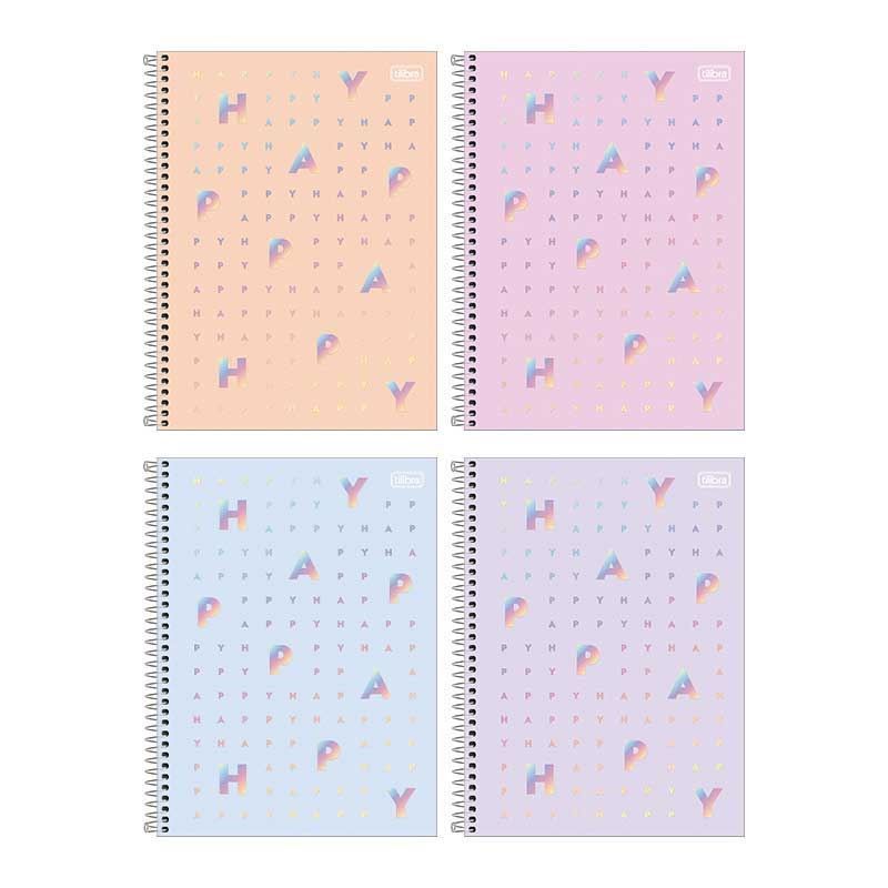 CADERNO 1 MATERIA CAPA DURA 80 FOLHAS HAPPY PASTEL TILIBRA - REF. 30543 - PACOTE COM 4 UNIDADES