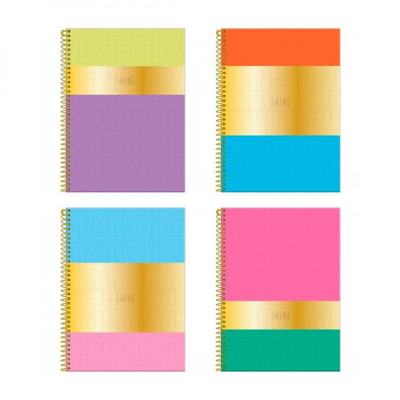 CADERNO 10 MATERIAS CAPA DURA 160 FOLHAS SHINE FORONI - REF. 6601 - PACOTE COM 4 UNIDADES