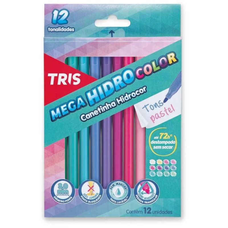 CANETA HIDROGRAFICA 12 CORES PASTEL TRIS - REF. 688176 - PACOTE COM 6 UNIDADES