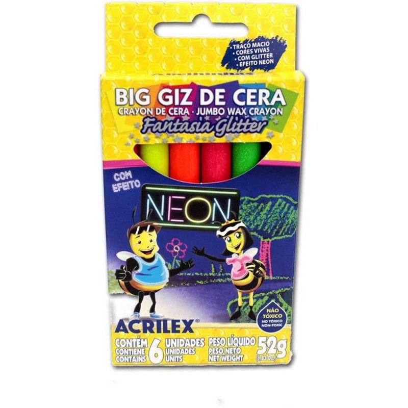 GIZ DE CERA 6 CORES JUMBO GLITTER NEON - REF. 9806 - CAIXA COM 6 UNIDADES