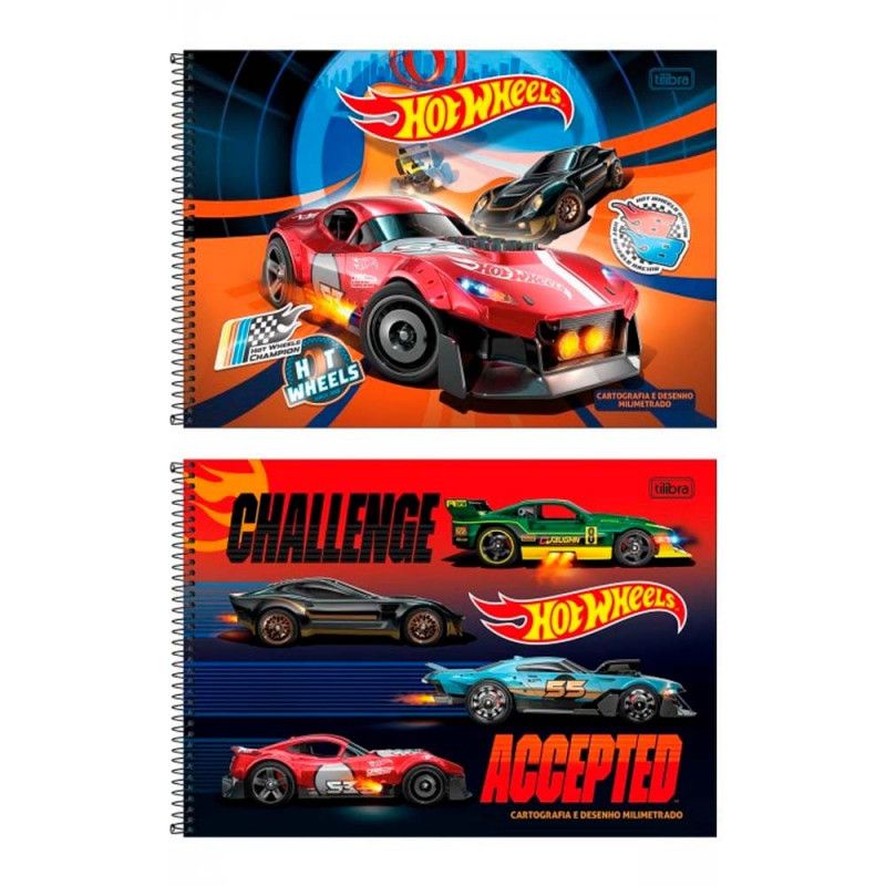 CADERNO CARTOGRAFIA CAPA DURA MILIMETRADO 80 FOLHAS HOT WHEELS  - REF. 30914 - CAIXA COM 4 UNIDADES