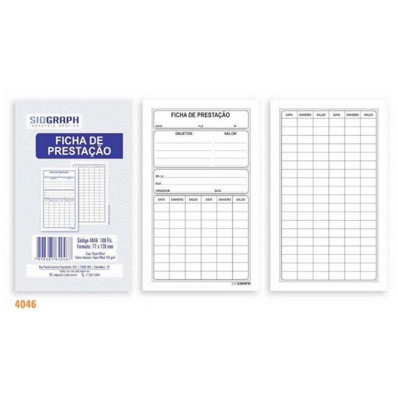 FICHA DE PRESTACAO 100 FOLHAS SIDGRAPH - REF. 4046 - 1 UNIDADE