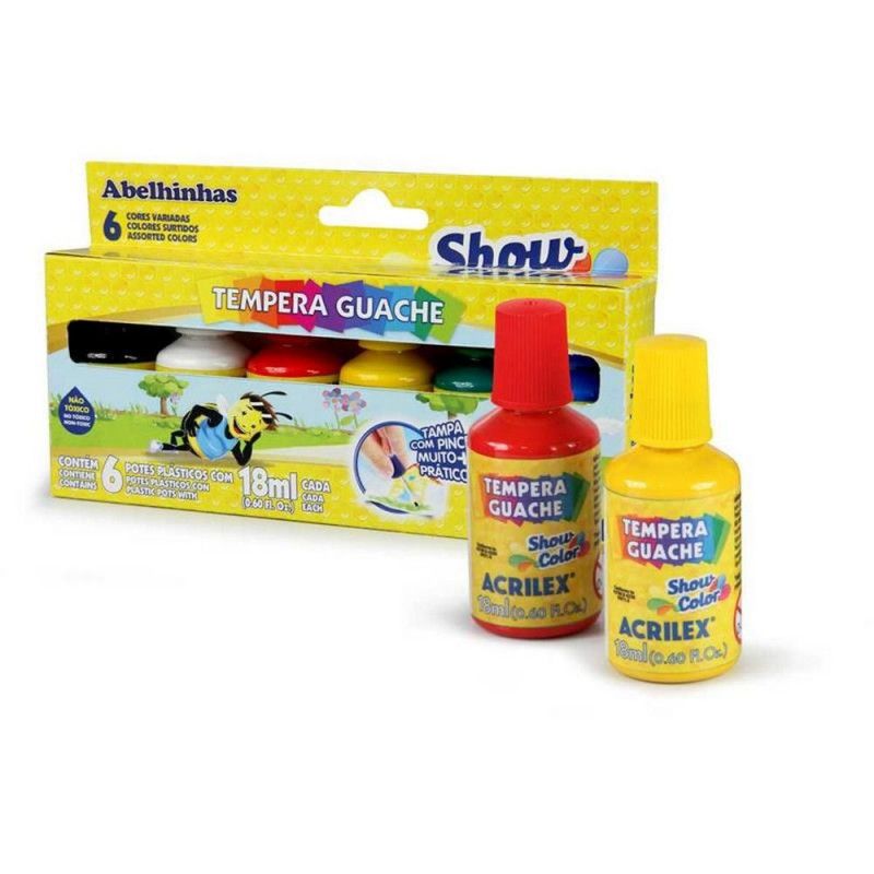 TINTA GUACHE SHOW COLOR COM PINCEL 6 CORES ACRILEX  - REF. 2005 - PACOTE COM 3 UNIDADES