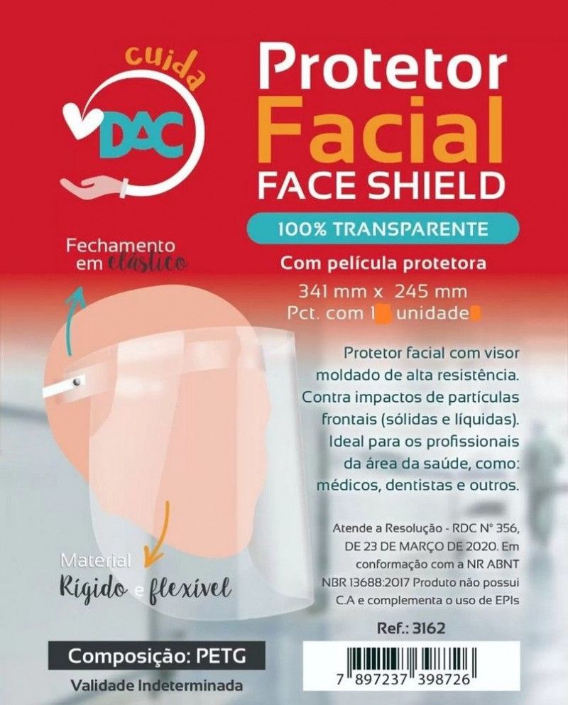 PROTETOR FACIAL TRANSPARENTE FECHO COM ELASTICO - REF. 3162 - CAIXA COM 10 UNIDADES