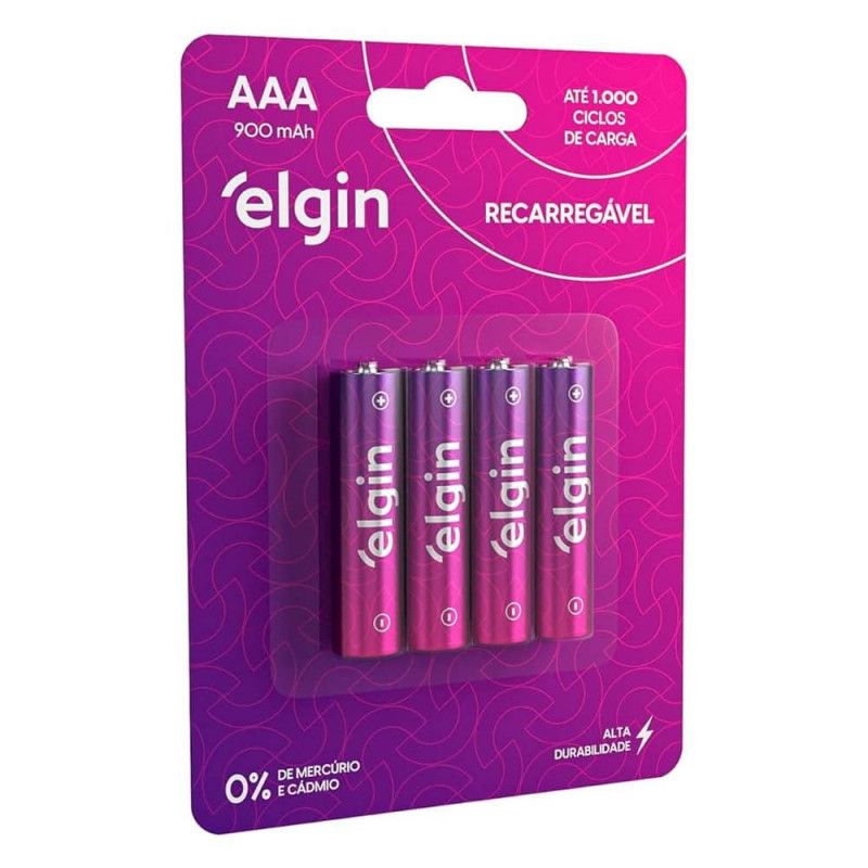 PILHA PALITO AAA RECARREGAVEL 900MAH COM 4 PECAS ELGIN - REF. 82169 - CAIXA COM 10 UNIDADES