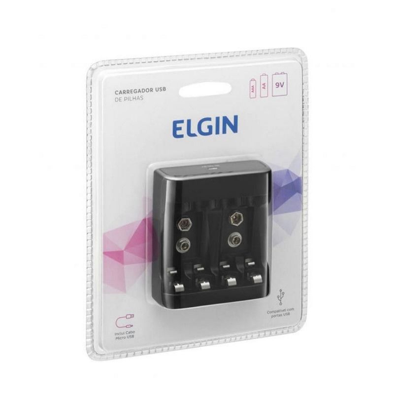 CARREGADOR PILHA/BATERIA AAA AA 9V ELGIN - REF. 46RSCUSB - 1 UNIDADE