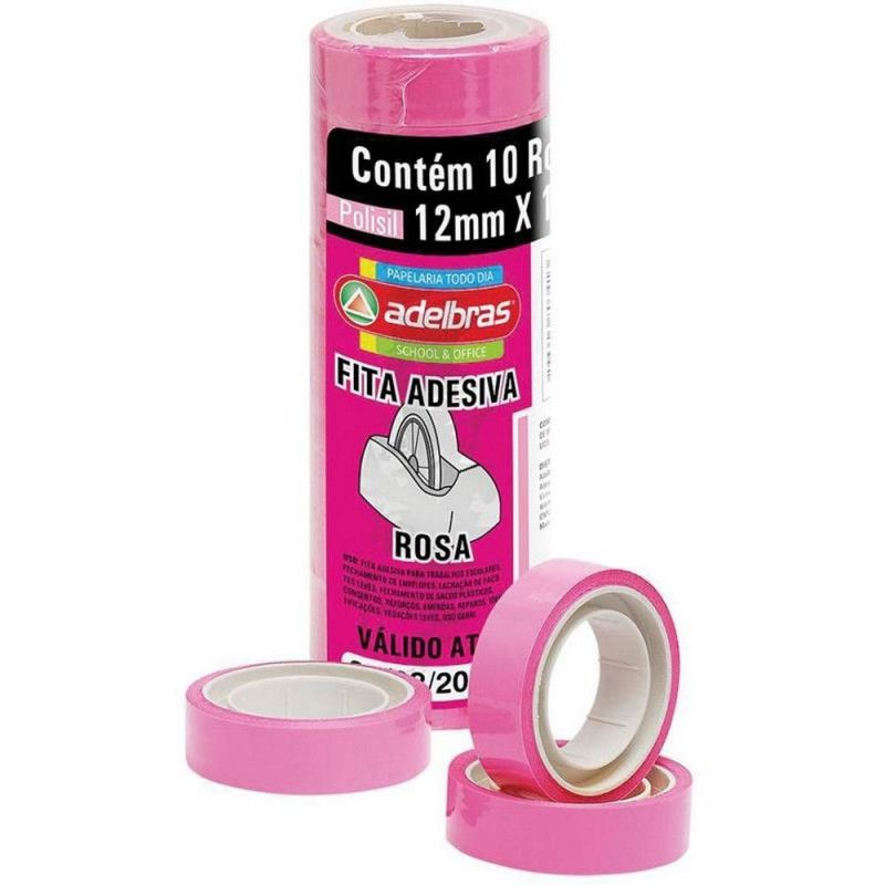 FITA ADESIVA 12MMX10M COLORIDA ROSA ADELBRAS - PACOTE COM 10 UNIDADES