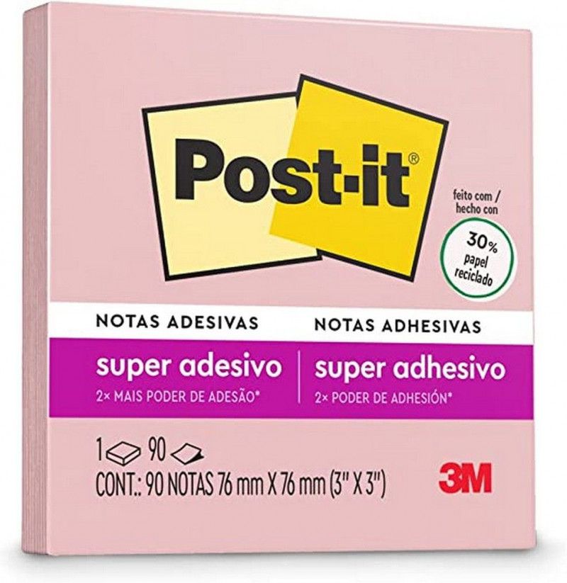 BLOCO ADESIVO ANOTACAO 76X 76MM 90 FOLHAS 3M - ROSA MILENIO - 1 UNIDADE