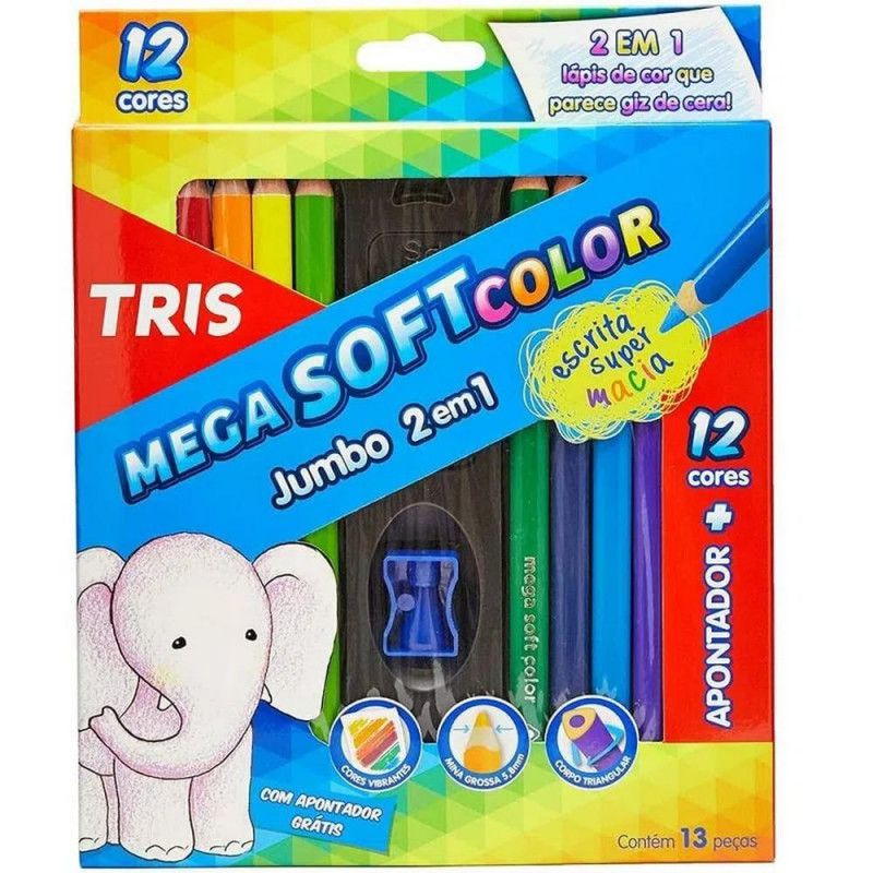 LAPIS 12 CORES JUMBO 2 EM 1 + APONTADOR TRIS - REF. 682341 - PACOTE COM 3 UNIDADES