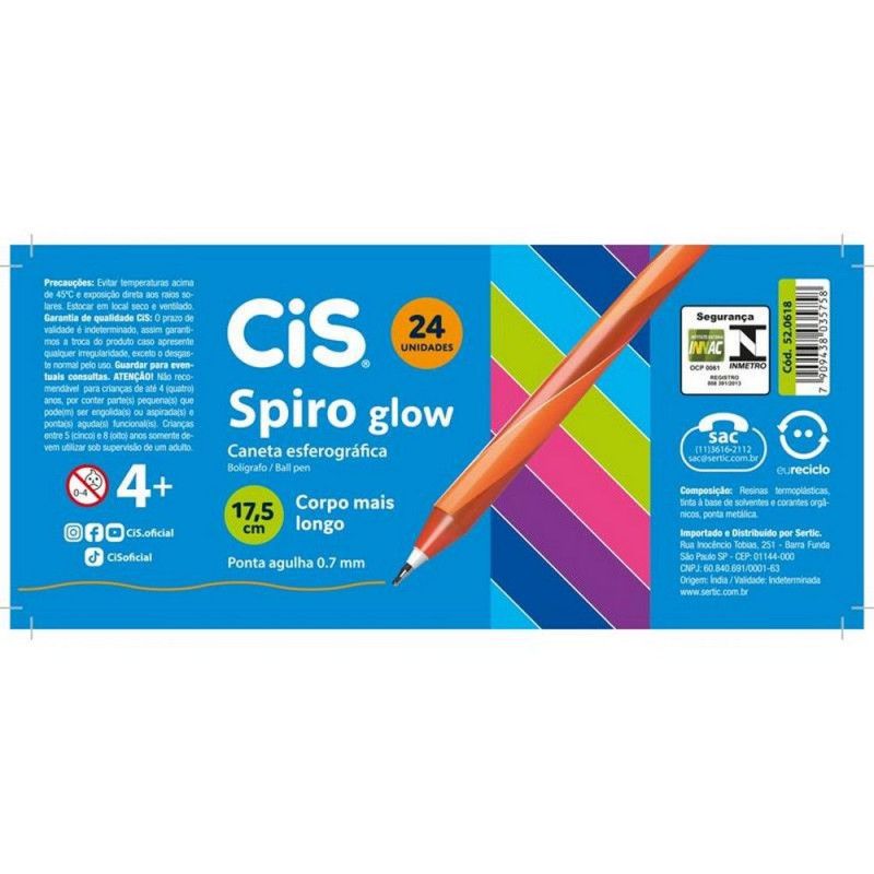 CANETA ESFEROGRAFICA 0.7 SPIRO GLOW CIS - REF. 52.0618 - PACOTE COM 24 UNIDADES