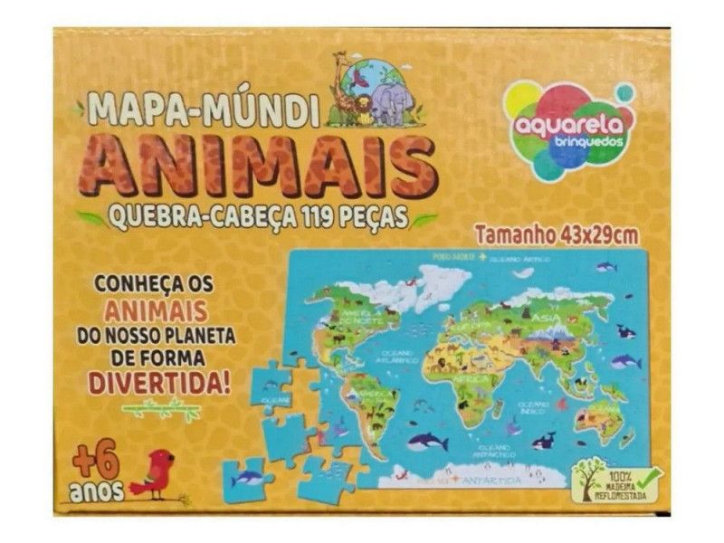 QUEBRA CABECA MAPA MUNDI ANIMAIS 119 PECAS AQUARELA - REF. 151 MDF - 1 UNIDADE