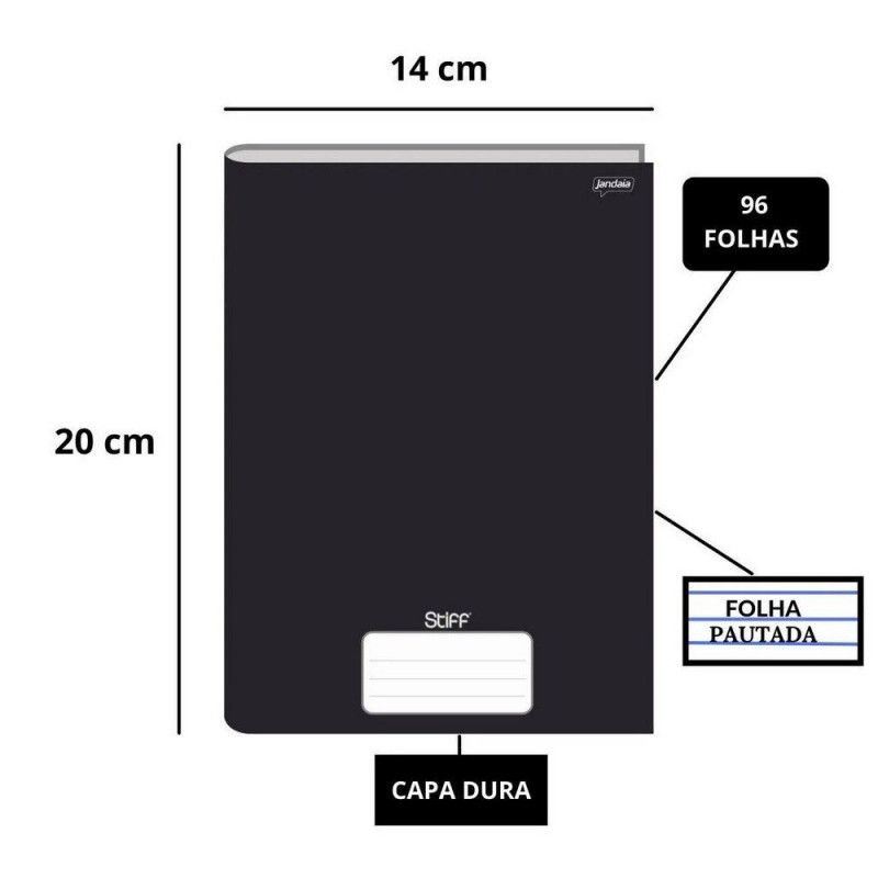 CADERNO BROCHURA 1/4 CAPA DURA 96 FOLHAS PRETO STIFF JANDAIA - REF. 63771 PTO - PACOTE COM 5 UNIDADES