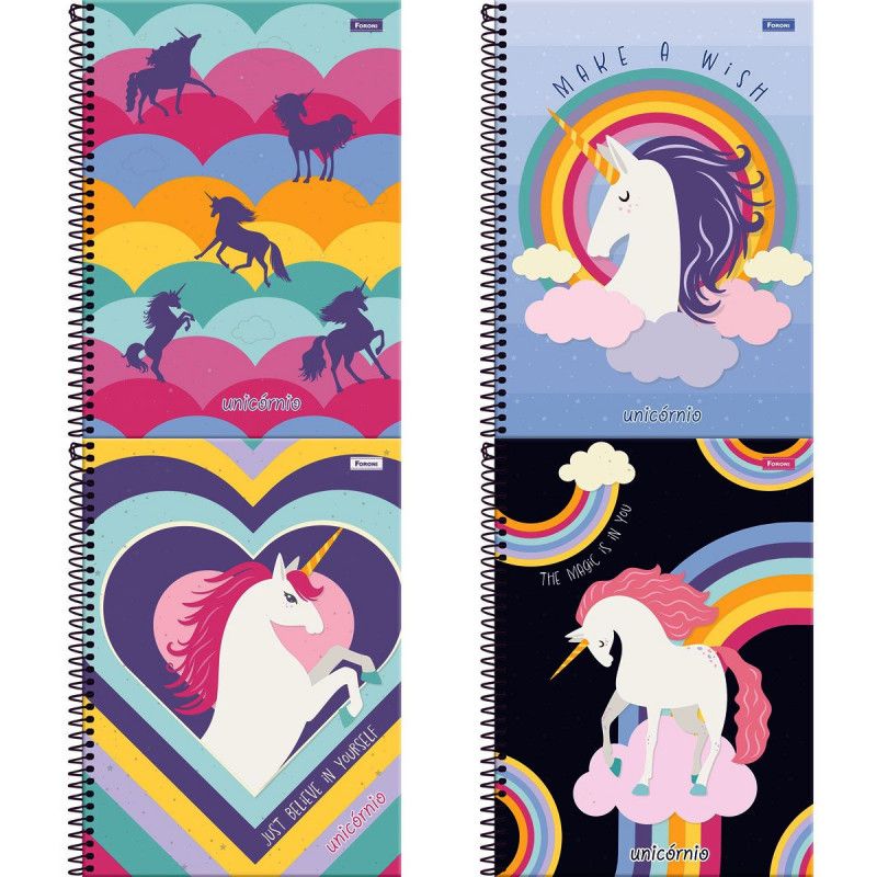 CADERNO 1 MATERIA CAPA DURA 80 FOLHAS UNICORNIO FORONI - REF. 6207 - PACOTE COM 4 UNIDADES