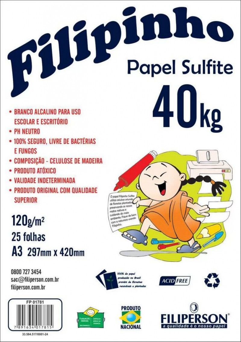 PAPEL SULFITE A3 40KG 120G BRANCO FILIPINHO - REF. 1781 - PACOTE COM 25 FOLHAS