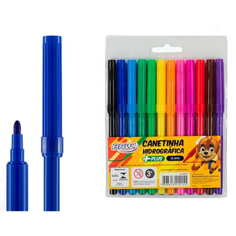 CANETA HIDROGRAFICA 12 CORES PLUS BRW - REF. CA 8003 - CAIXA COM 12 UNIDADES