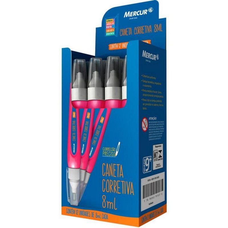 CANETA CORRETIVA 8ML ROSA MERCUR - REF. B01010103029 - CAIXA COM 12 UNIDADES