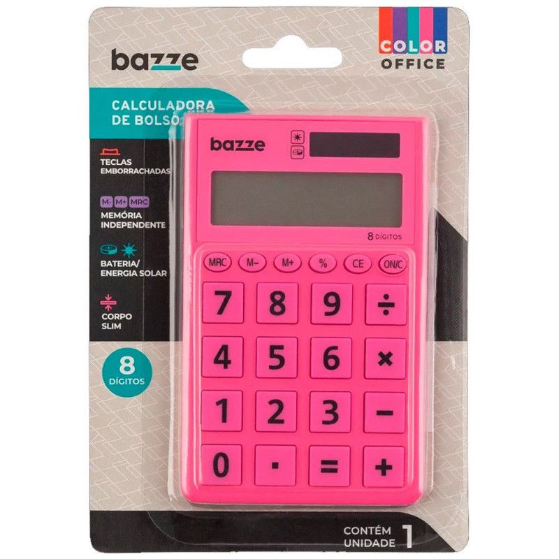 CALCULADORA 8 DIGITOS BOLSO EMBORRACHADA ROSA BAZZE - REF. 618111 - 1 UNIDADE