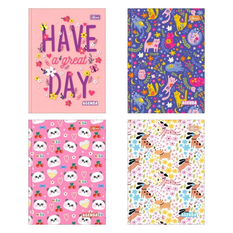 AGENDA COSTURADA PERMANENTE FEMININO PEPPER M4 TILIBRA - REF. 33912 - PACOTE COM 6 UNIDADES SORTIDAS
