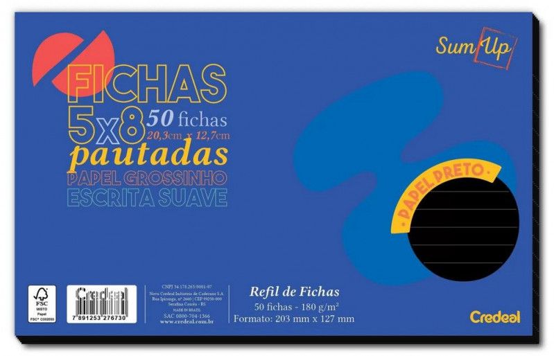 FICHA PAUTADA 5X8 PRETO COM 50 FOLHAS CREDEAL - REF. 276730 - 1 UNIDADE