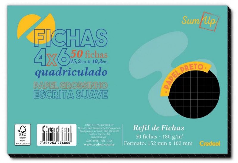 FICHA QUADRICULADO 4X6 PRETO COM 50 FOLHAS CREDEAL - REF. 276860 - 1 UNIDADE