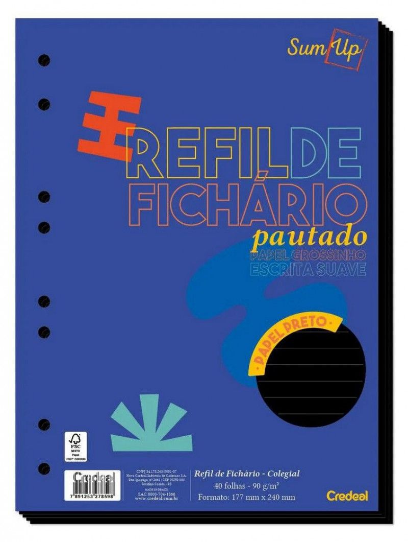 BLOCO PARA FICHARIO 40 FOLHAS COLEGIAL PAUTADO PRETO 90G CREDEAL - REF. 278598 - 1 UNIDADE