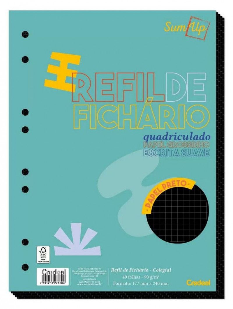 BLOCO PARA FICHARIO 40 FOLHAS COLEGIAL QUADRICULADO PRETO CREDEAL - REF. 278604 - 1 UNIDADE