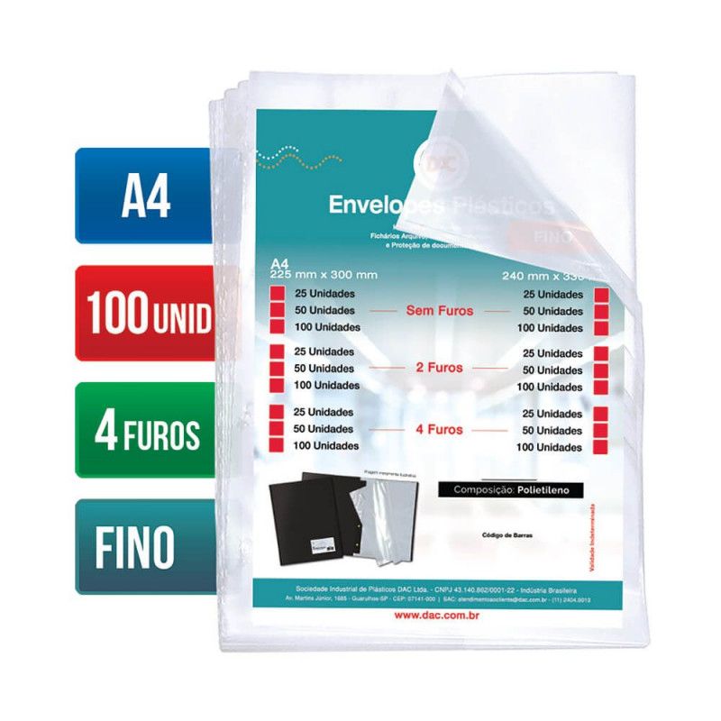 ENVELOPE PLASTICO 4 FUROS A4 225X300 FINO DAC - REF. 5070A4-100 - PACOTE COM 100 UNIDADES