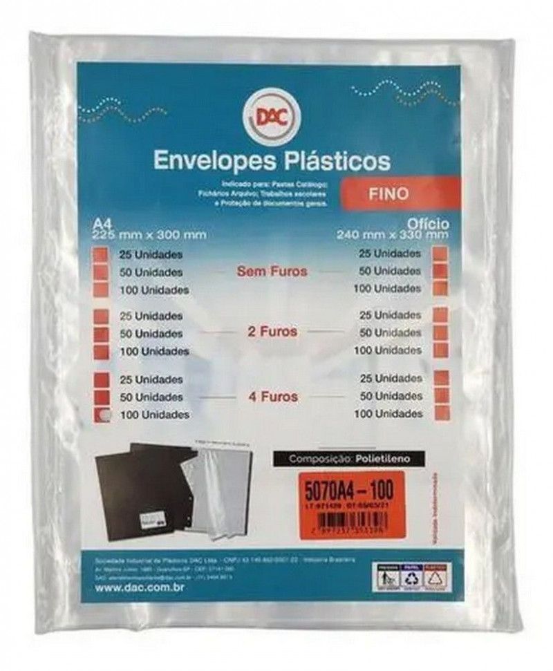 ENVELOPE PLASTICO 4 FUROS A4 225X300 FINO DAC - REF. 5070A4-100 - PACOTE COM 100 UNIDADES
