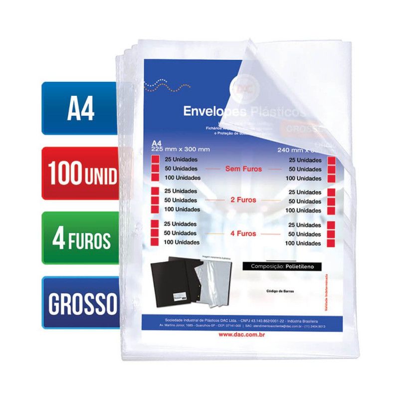 ENVELOPE PLASTICO 4 FUROS A4 225X300 GROSSO DAC - REF. 5076A4-100 - PACOTE COM 100 UNIDADES