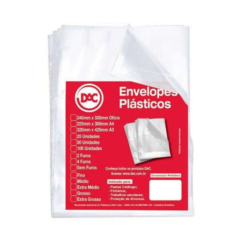 ENVELOPE PLASTICO 4 FUROS A4 225X300 GROSSO DAC - REF. 5076A4-100 - PACOTE COM 100 UNIDADES