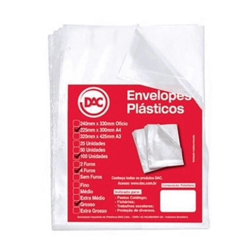 ENVELOPE PLASTICO 4 FUROS A4 225X300 GROSSO DAC - REF. 5076A4-100 - PACOTE COM 100 UNIDADES