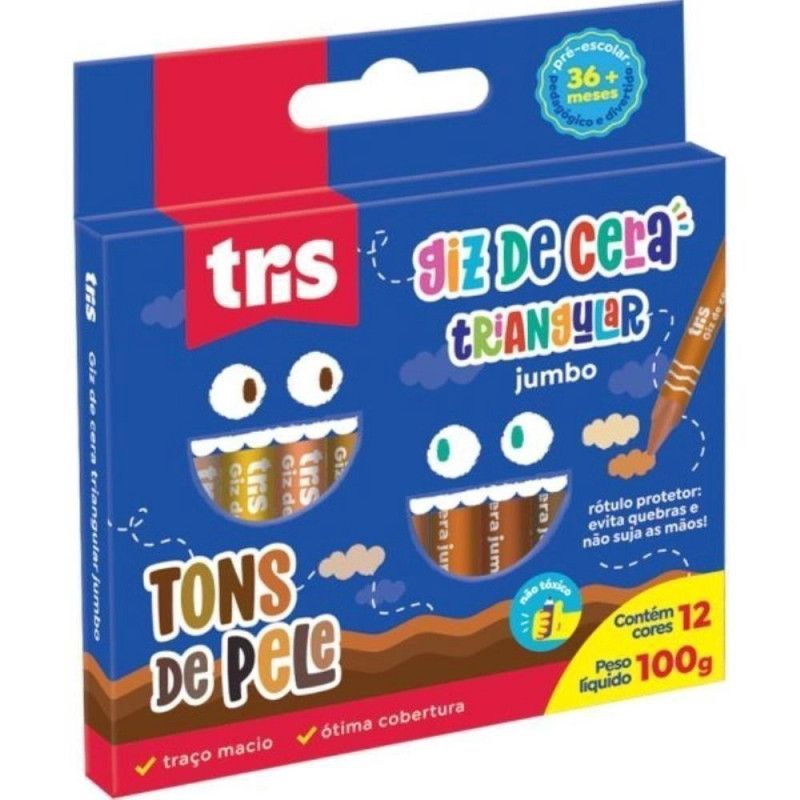 GIZ DE CERA 12 CORES TRIANGULAR JUMBO TONS DE PELE - REF. 683256 - CAIXA COM 12 UNIDADES