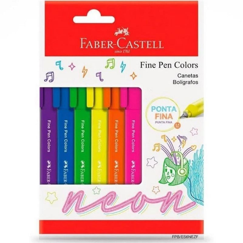 CANETA HIDROCOR 0.4 FINE PEN 6 CORES NEON FABER-CASTELL - REF. FPB/ES6NEZF - 1 UNIDADE