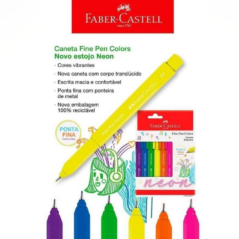 CANETA HIDROCOR 0.4 FINE PEN 6 CORES NEON FABER-CASTELL - REF. FPB/ES6NEZF - 1 UNIDADE