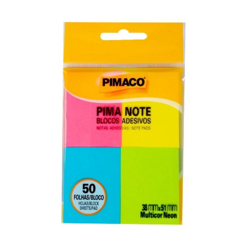 BLOCO ADESIVO ANOTACOES 38X51MM 50 FOLHAS 4 CORES NEON PIMACO - REF. 970830 NEON - 1 UNIDADE