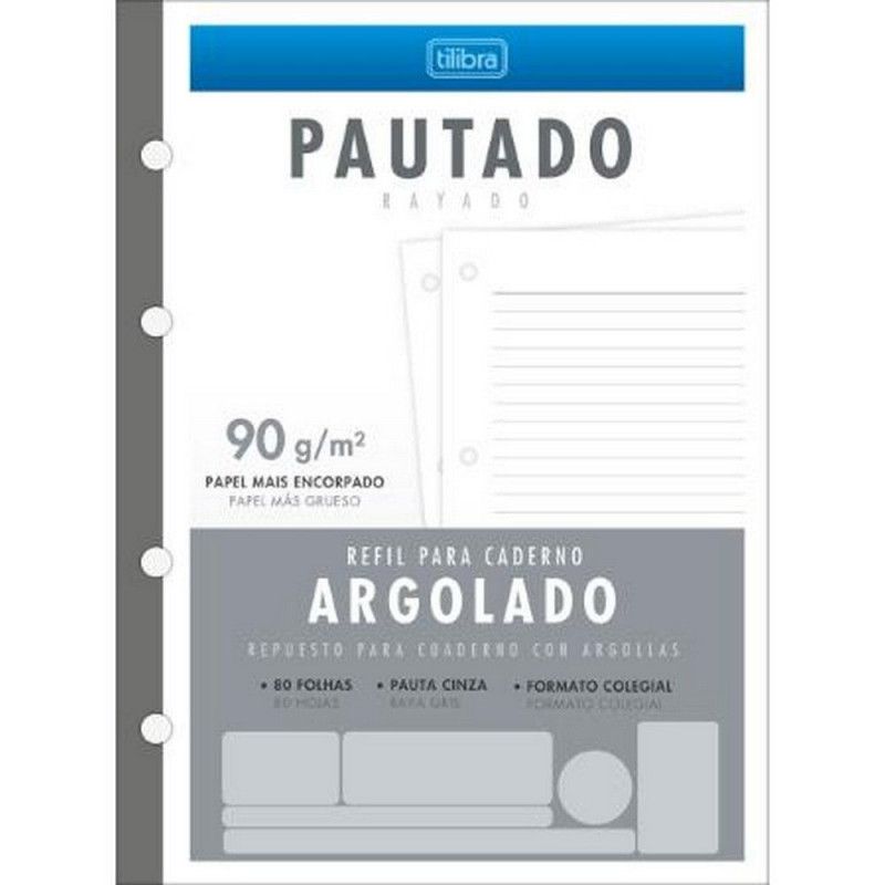BLOCO PARA FICHARIO 80 FOLHAS COLEGIAL ARGOLADO 90G TILIBRA - REF. 34186 - PACOTE COM 5 UNIDADES