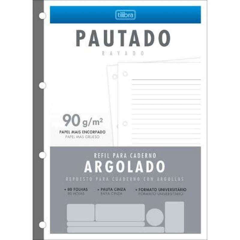 BLOCO PARA FICHARIO 80 FOLHAS ARGOLADO 90G TILIBRA - REF. 34187 - PACOTE COM 5 UNIDADES