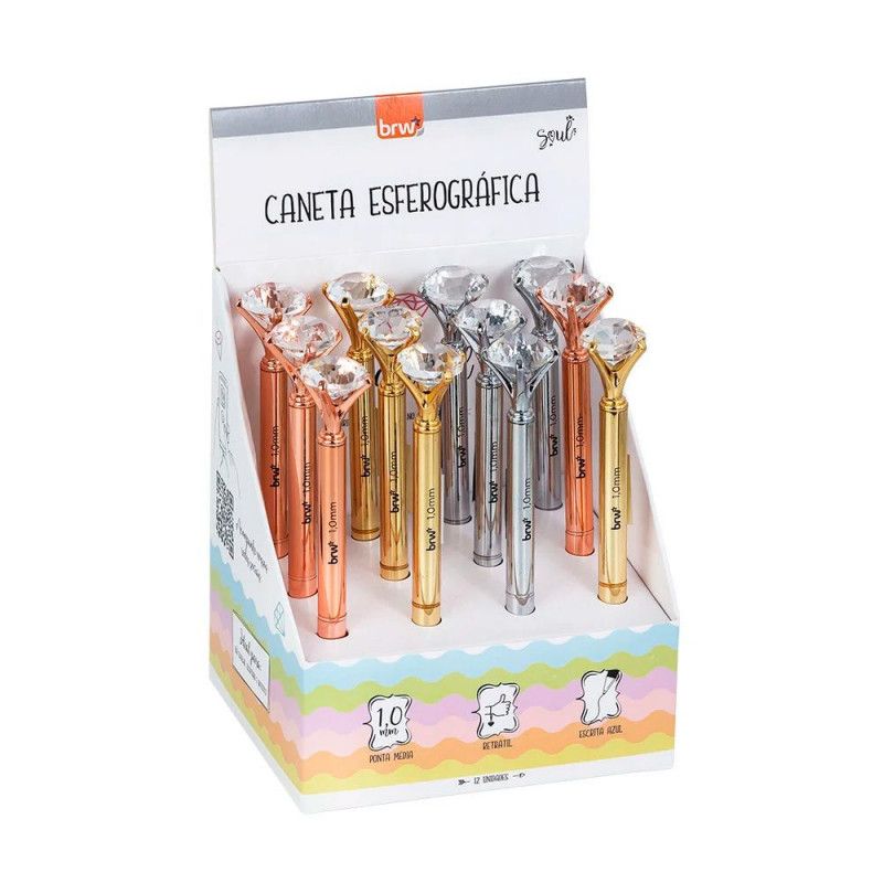 CANETA ESFEROGRAFICA AZUL 1.0 RETRATIL DIAMOND SORTIDO BRW - REF. CA0711 - CAIXA COM 12 UNIDADES