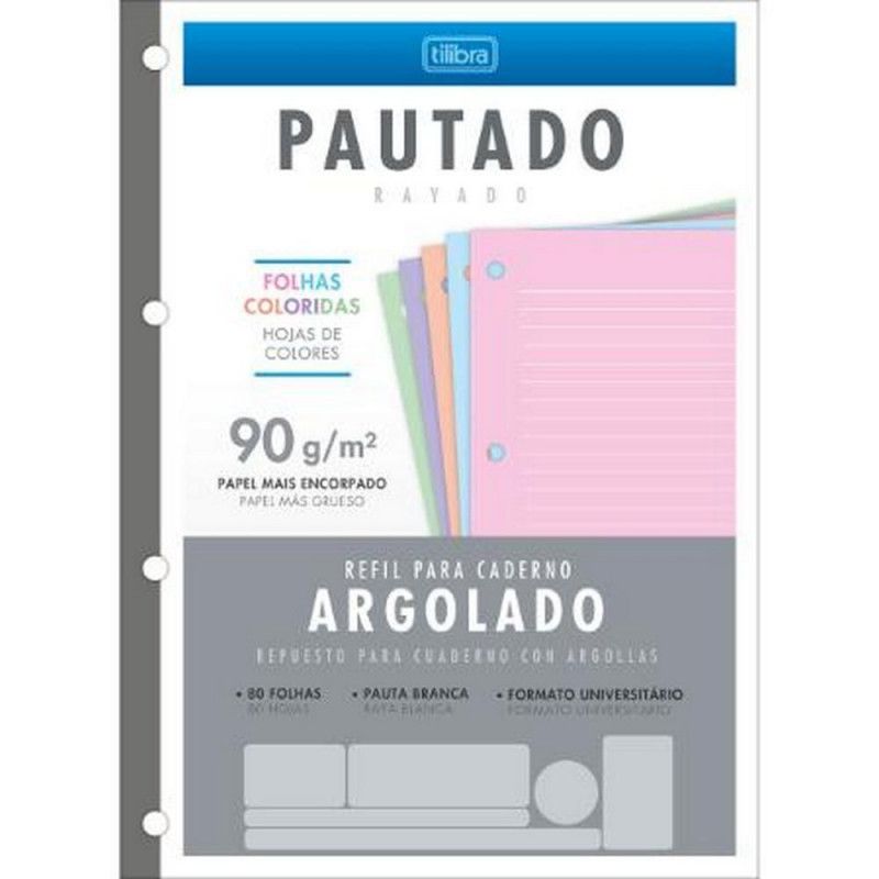 BLOCO PARA FICHARIO 80 FOLHAS ARGOLADO COLORIDO 90G TILIBRA - REF. 34293 - PACOTE COM 5 UNIDADES