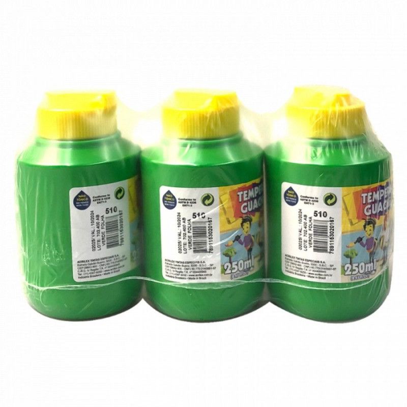 TINTA GUACHE 250ML VERDE FOLHA ACRILEX - REF. 510 - PACOTE COM 3 UNIDADES