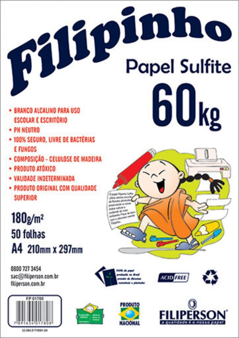 PAPEL SULFITE A4 60KG 180G 50FL BRANCO FILIPINHO - REF. 01780 - 1 UNIDADE