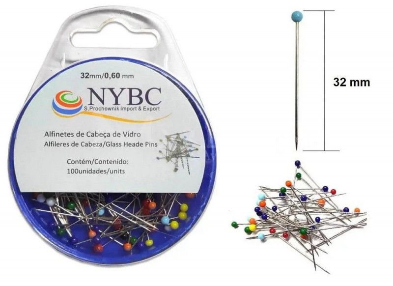 ALFINETE CABECA DE VIDRO 32MM COM 100 UNIDADES NYBC - 1 BLISTER