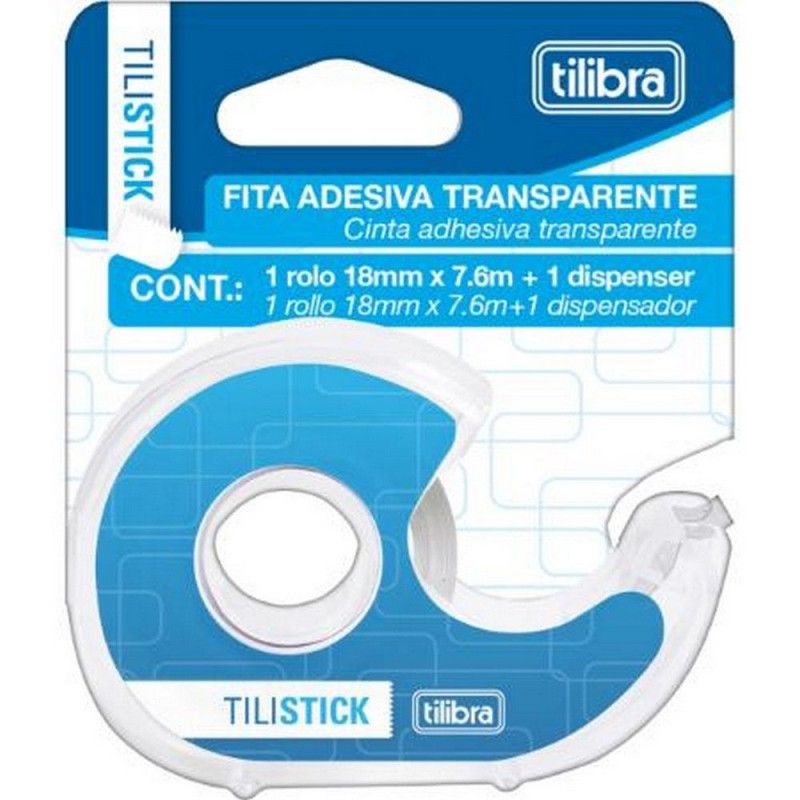FITA ADESIVA TRANSPARENTE 18MM X 7.6M COM DISPENSER TILIBRA - REF. 33712 - 1 UNIDADE