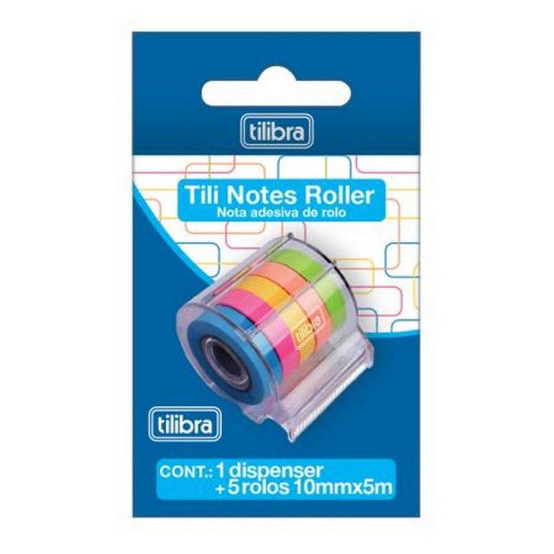 BLOCO ADESIVO ANOTACAO 10MM X 5M 5 CORES COM DISPENSER TILIBRA- - REF. 34489 - CAIXA COM 12 UNIDADES