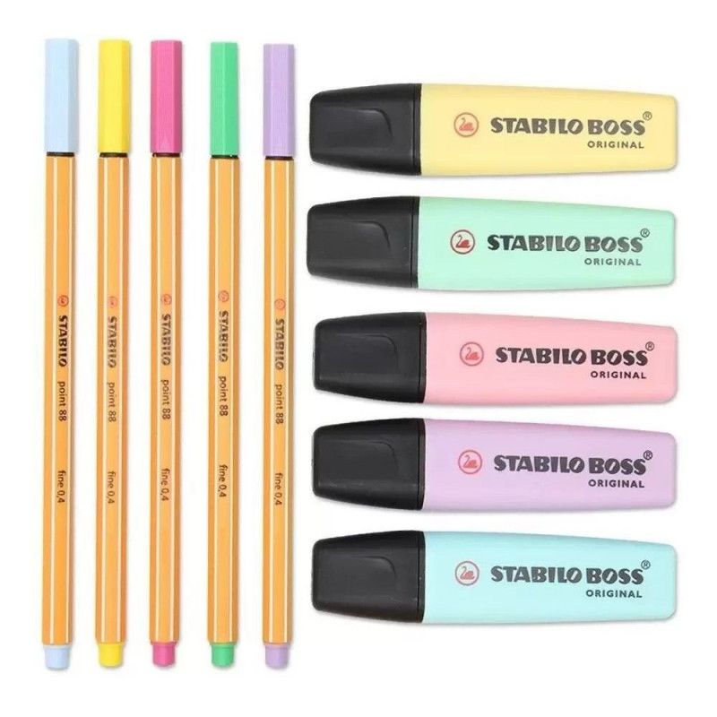 KIT 5 MARCA TEXTO + 5 CANETAS 0.4 PASTEL STABILO - REF. 55.3400 - 1 UNIDADE