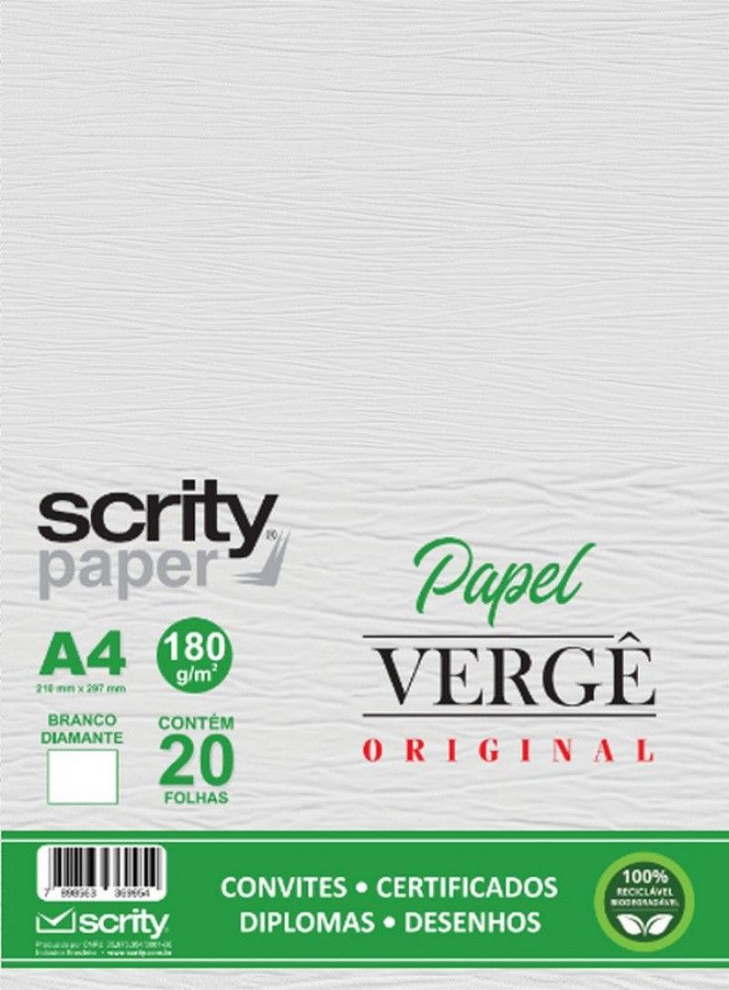 PAPEL VERGE 180G 20 FOLHAS BRANCO DIAMANTE SCRITY - REF. SP056.01 - 1 UNIDADE
