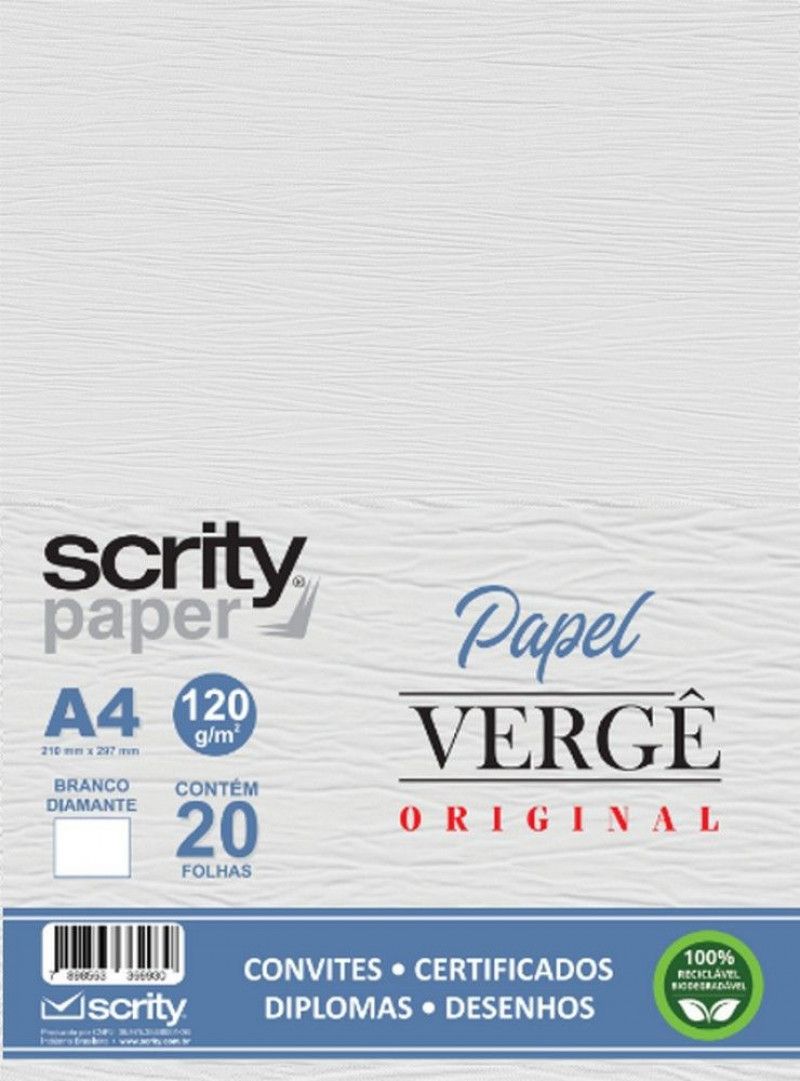 PAPEL VERGE 120G 20 FOLHAS BRANCO DIAMANTE SCRITY - REF. SP055.01 - 1 UNIDADE