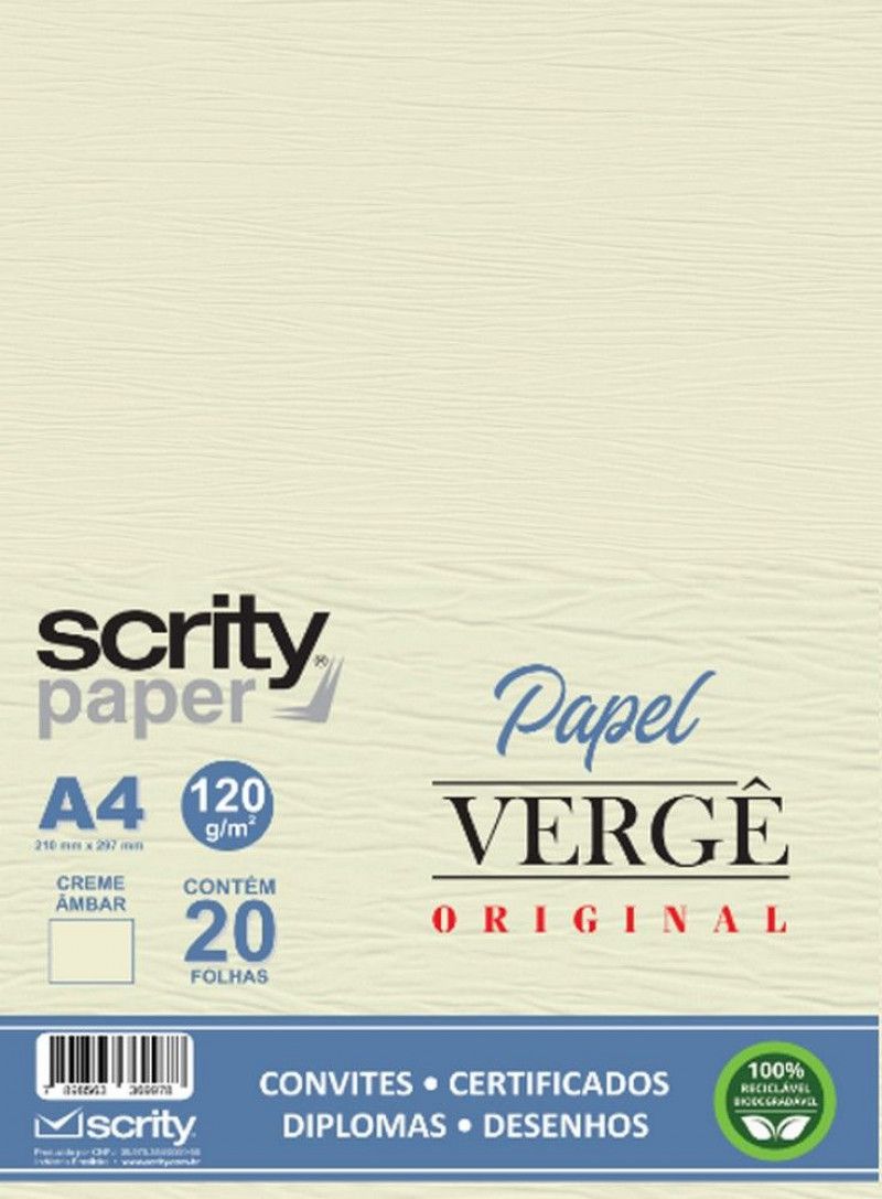PAPEL VERGE 120G 20 FOLHAS CREME AMBAR SCRITY - REF. SP055.02 - 1 UNIDADE